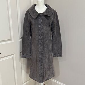 Emilie D  Leather Charcoal Trench Coat with Lace Accents and Embroidery  Size 10